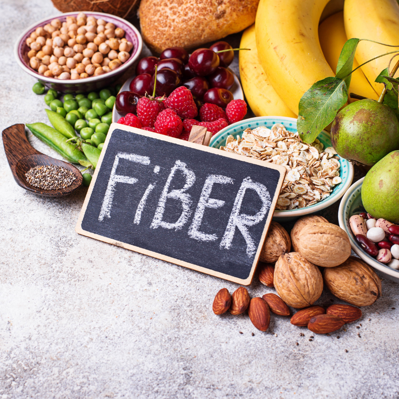 Various fiber-rich foods like fruits, vegetables, nuts, and seeds. 5 Tips to reduce bloating.