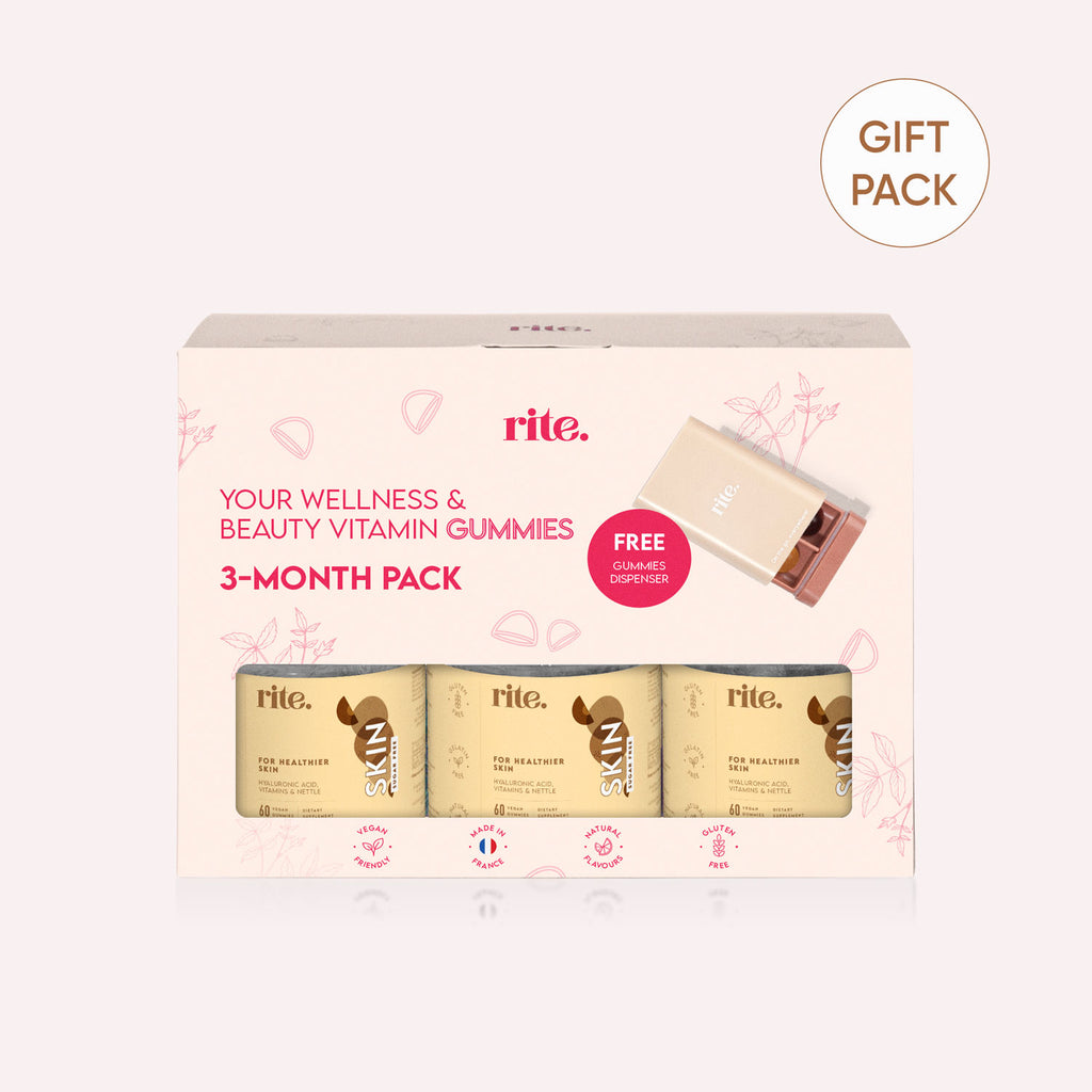 3-month gift pack of SKIN GUMMIES with free dispenser, designed to promote healthier skin and daily beauty wellness