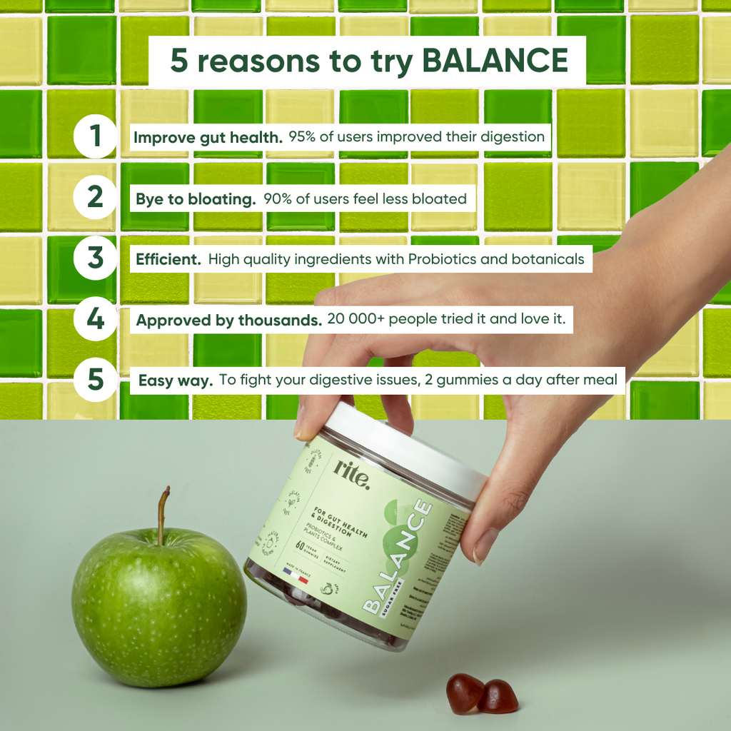 A person holding a clear jar of gummies next to a green apple and 5 reasons to try BALANCE