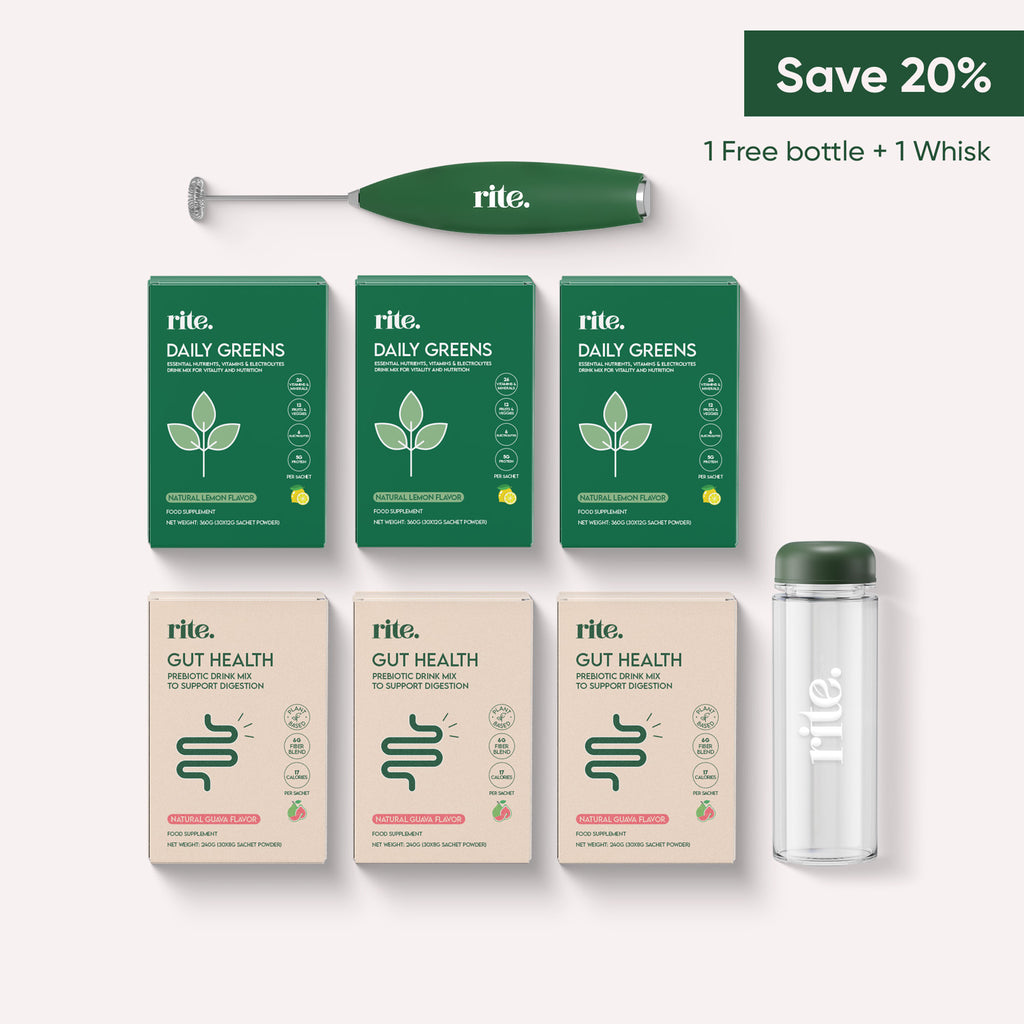 Rite Daily Greens bundle with 3 Daily Greens packets, 3 Gut Health packets, 1 free bottle, and 1 whisk. Save 20%.