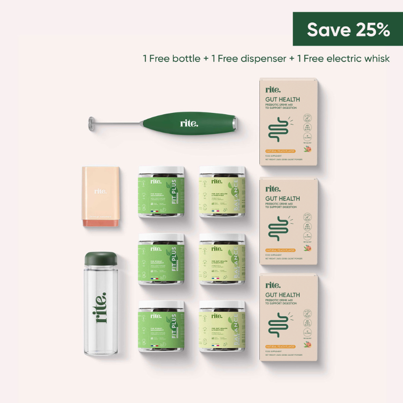 WELLNESS BUNDLE with FIT PLUS and BALANCE VITAMIN GUMMIES, GUT HEALTH and DAILY GREENS sachets, free glass bottle, dispenser, and electric whisk
