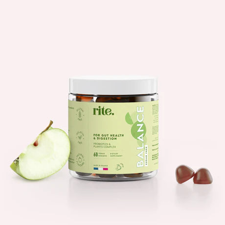BALANCE GUMMIES with probiotics and plant complex for gut health & digestion, shown with an apple slice, and gummies 