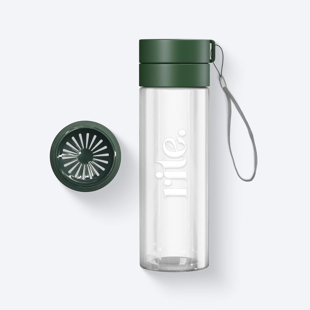 RITE-branded BOTTLE with a dark green lid and wrist strap, shown open with a built-in infuser