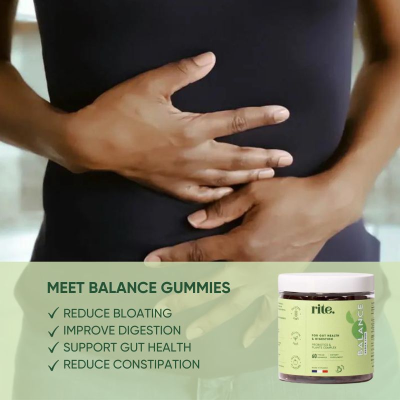 Advertisement for Rite Balance Vegan Gummies. The text says "MEET BALANCE GUMMIES" with bullet points listing benefits .