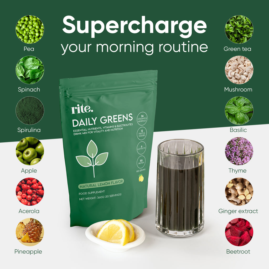 DAILY GREENS SUPPLEMENTS powder with 26 nutrients and 12 fruits and veggies like spinach, spirulina, beetroot, and lemon flavor