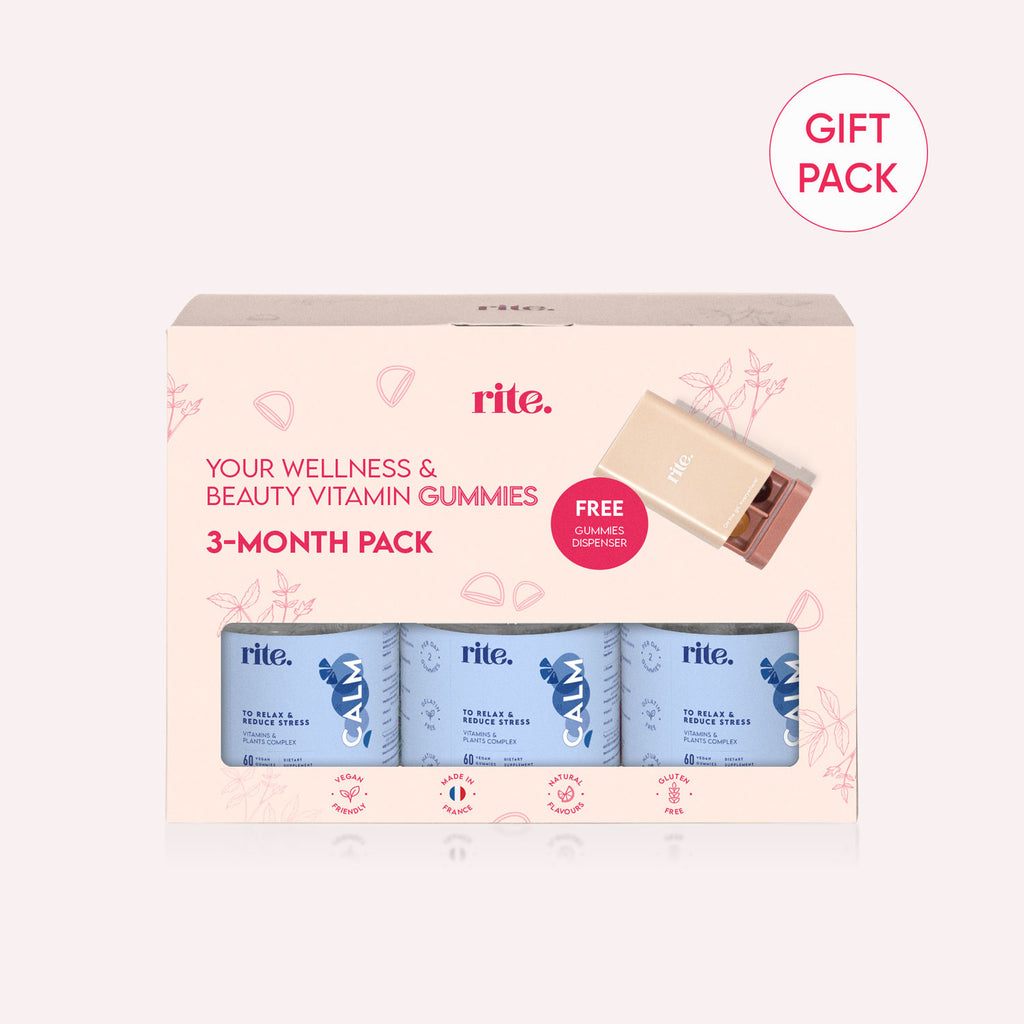 CALM GUMMIES gift pack includes a 3-month supply of stress-relief gummies and a free dispenser – perfect wellness bundle.