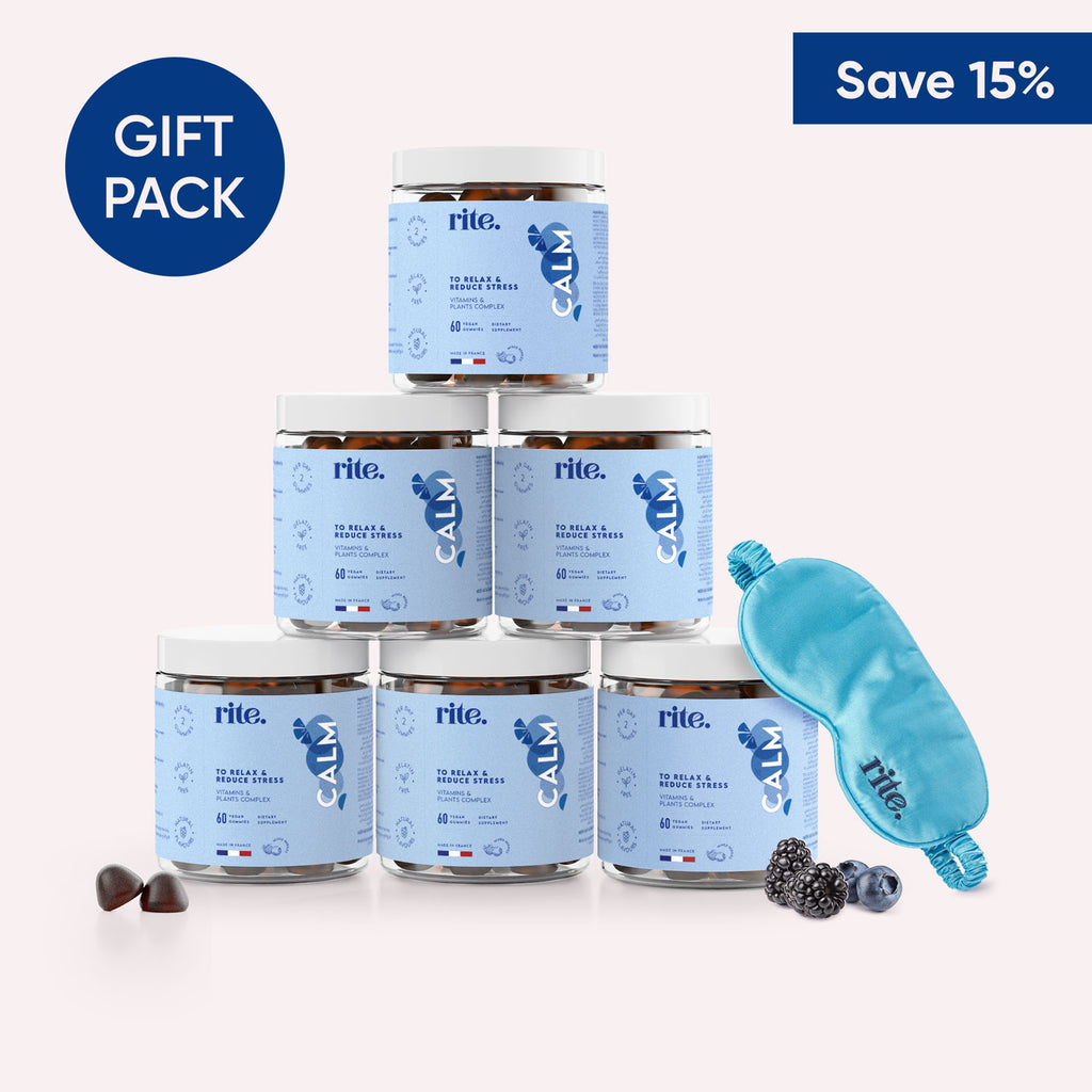 Gift pack of CALM GUMMIES by RITE. GUMMIES with sleep mask for stress relief, relaxation, and better sleep