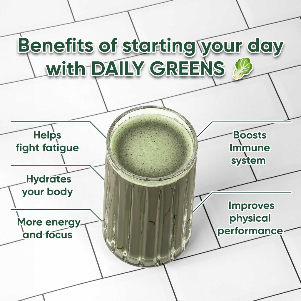 Glass of DAILY GREENS DRINK showing benefits like fighting fatigue, hydration, immune support, energy, and improved physical performance