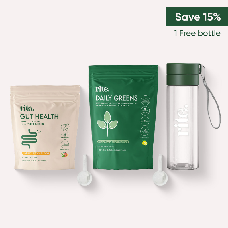 DAILY GREENS & GUT HEALTH prebiotic drink mix set with bottle for digestion and nutrition boost, save 15% offer
