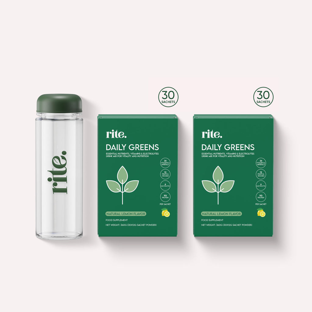 DAILY GREENS SUPPLEMENT (60 Pack) with two green boxes and a clear rite. bottle containing lemon-flavored supplement sachets.