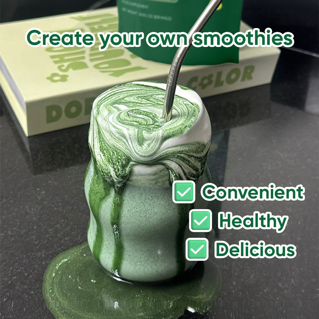 Creamy DAILY GREENS smoothie with white swirls in a jar, metal straw, and text showing it’s convenient, healthy, and delicious.