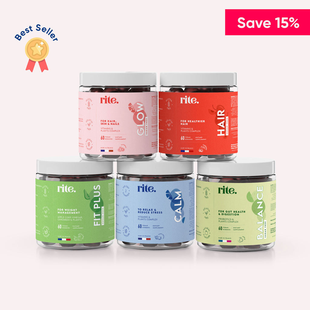 DAILY WELLNESS SUPPLEMENTS 5-in-1 set for gut health, hair, skin glow, calmness, and fitness with natural ingredients.