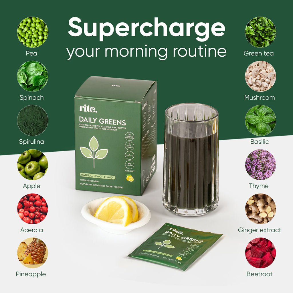 A green box of Rite Daily Greens"with lemon flavor, a glass of green juice, and various fruits and vegetables associated with the product.