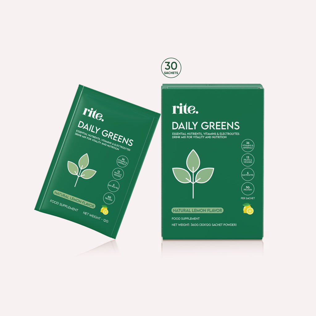 Two packets of Rite Daily Greens, a natural lemon-flavored food supplement containing essential nutrients, vitamins, and electrolytes.