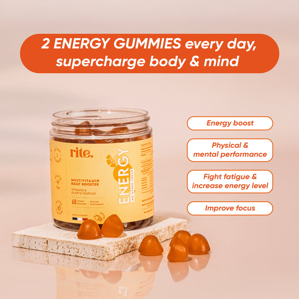 ENERGY GUMMIES support energy boost, focus, physical and mental performance, and fight fatigue daily