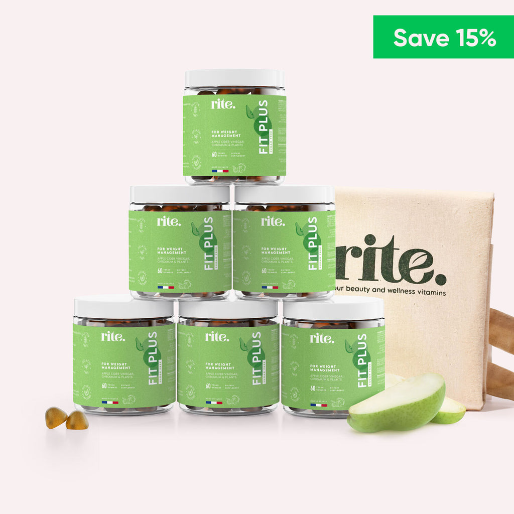 Six jars of Rite FIT PLUS GUMMIES for weight management with green apple flavor and packaging, offering a 15% discount bundle.