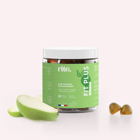 FIT PLUS VEGAN GUMMIES for weight management with apple cider vinegar, shown in a jar with green apple slices and gummies.