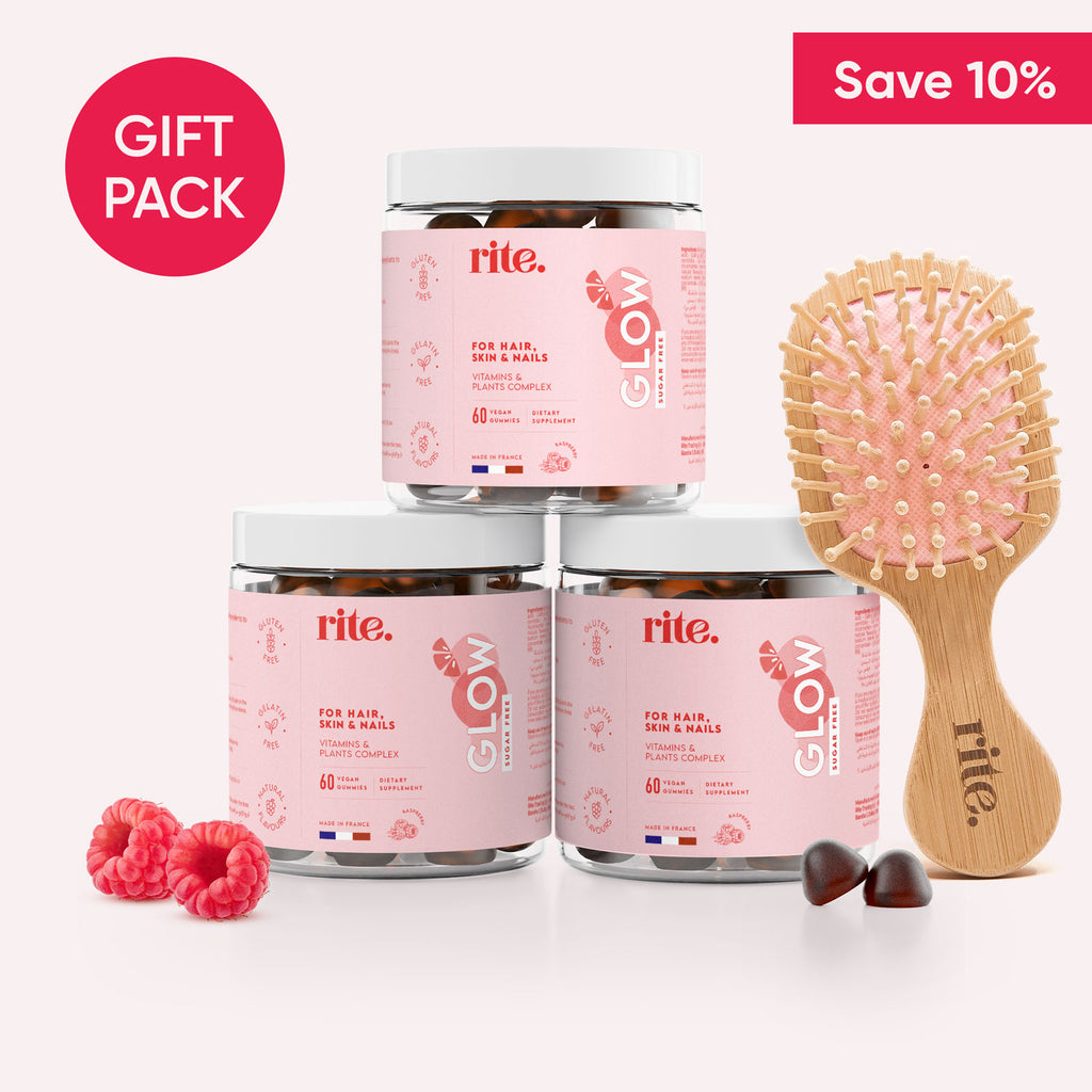 GLOW GUMMIES gift pack of 3 jars for hair, skin & nails with wooden brush and raspberry flavor, save 10%