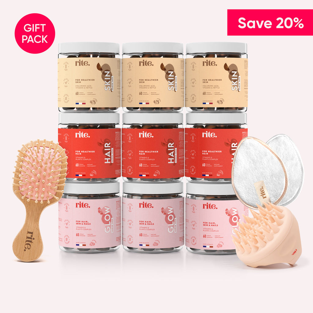 GLOW HAIR & SKIN GUMMIES Gift Pack featuring 9 jars of supplements, a wooden hairbrush, scalp massager, and makeup remover pads - Save 20%