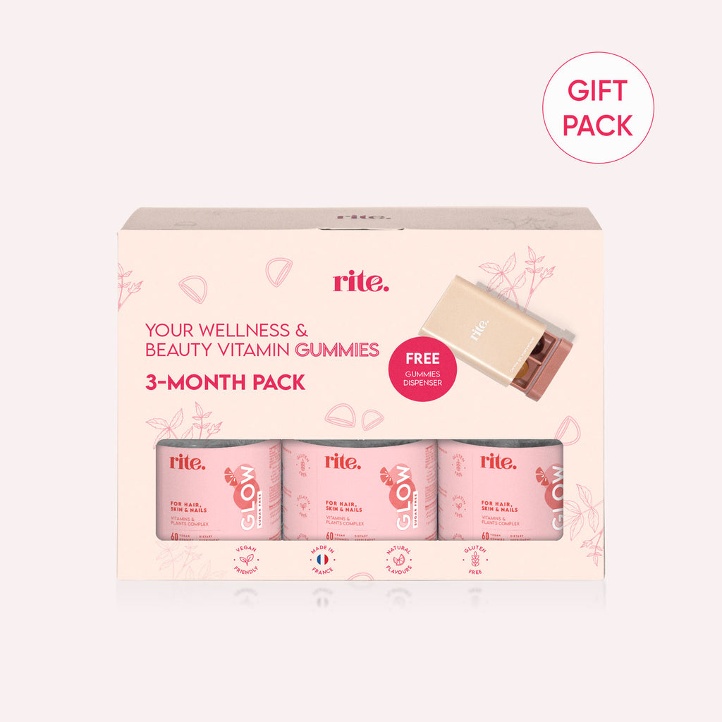 GLOW VITAMIN GUMMIES 3-month gift pack for HAIR, SKIN & NAILS with plant complex and free dispenser in a wellness box.
