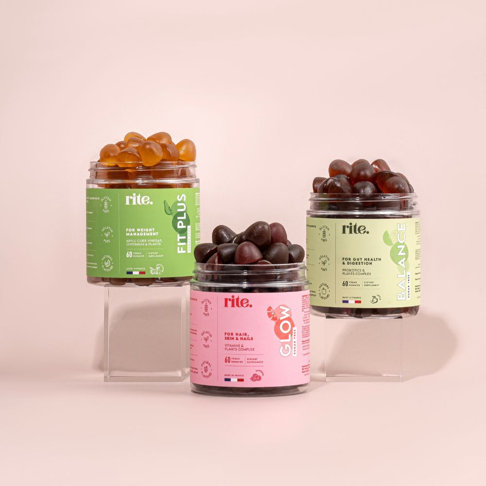 RITE GUMMIES jars for weight management (Fit Plus), hair-skin-nails (Glow), and gut health (Balance) 
