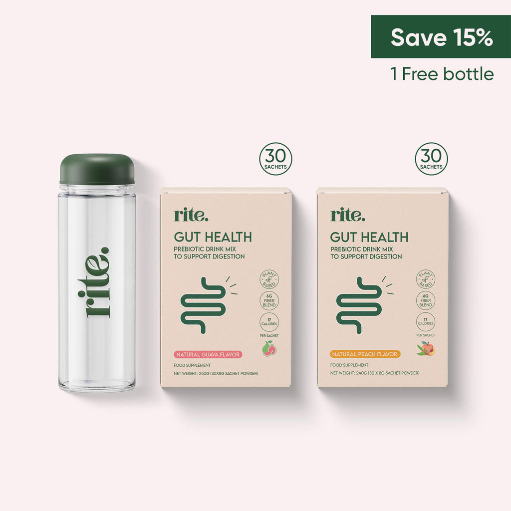 GUT HEALTH BUNDLE featuring two boxes of prebiotic drink mix (Guava and Peach flavors) with 30 sachets each, and a free branded glass bottle