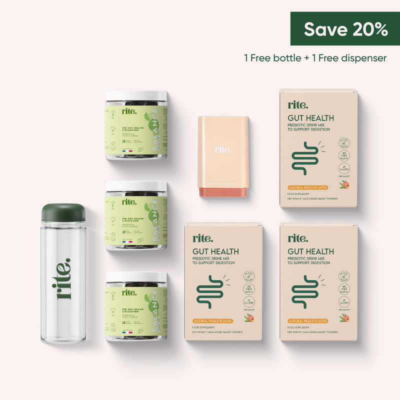 GUT HEALTH ESSENTIALS PACK by Rite with drinks, Balance jars, bottle & dispenser—supports digestion & saves you 20%.