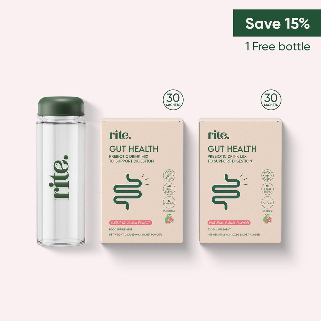 Two boxes of RITE Gut Health prebiotic drink mix (guava flavor) with 30 sachets each, and a free branded bottle with “Save 15%”