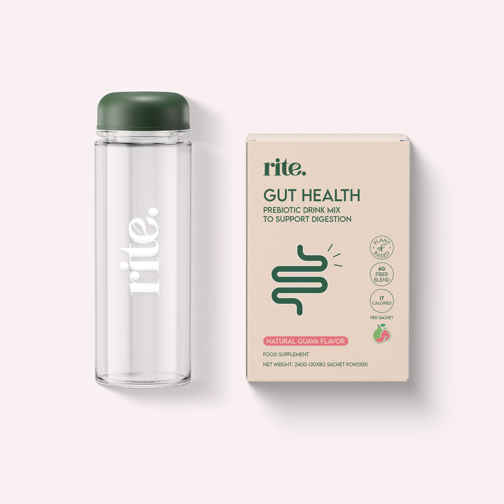  GUT HEALTH prebiotic drink mix box with 30 sachets and bottle, natural guava flavor supplement for DIGESTIVE SUPPORT.