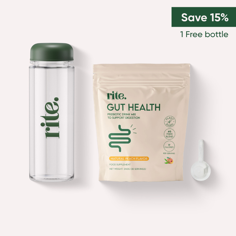  GUT HEALTH prebiotic drink mix box with 30 sachets and free bottle, natural peach flavor supplement for DIGESTIVE SUPPORT.