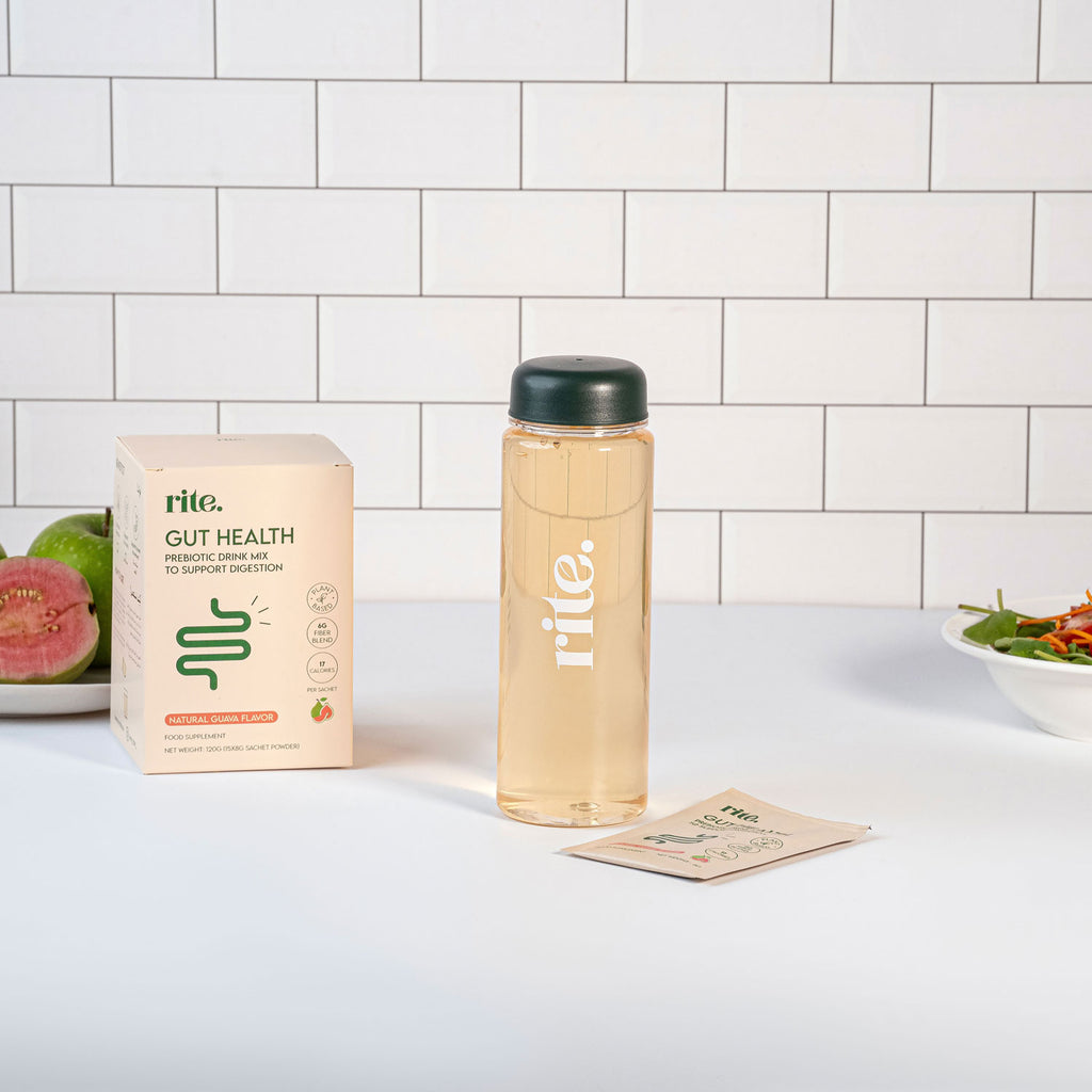 GUT HEALTH prebiotic drink mix box, sachet, and infused bottle for support healthy digestion 