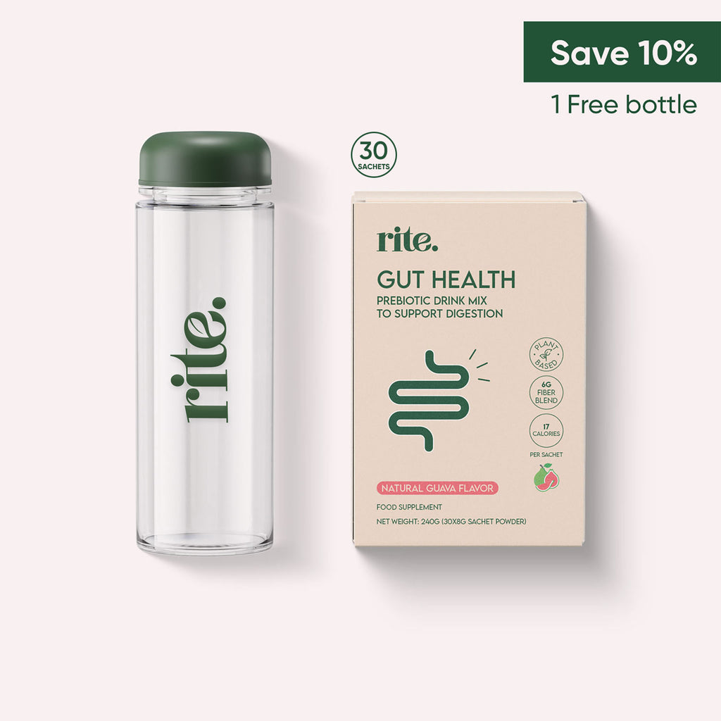 GUT HEALTH prebiotic drink box with 30 sachets and a free branded bottle, supporting digestion with plant-based fiber blend.