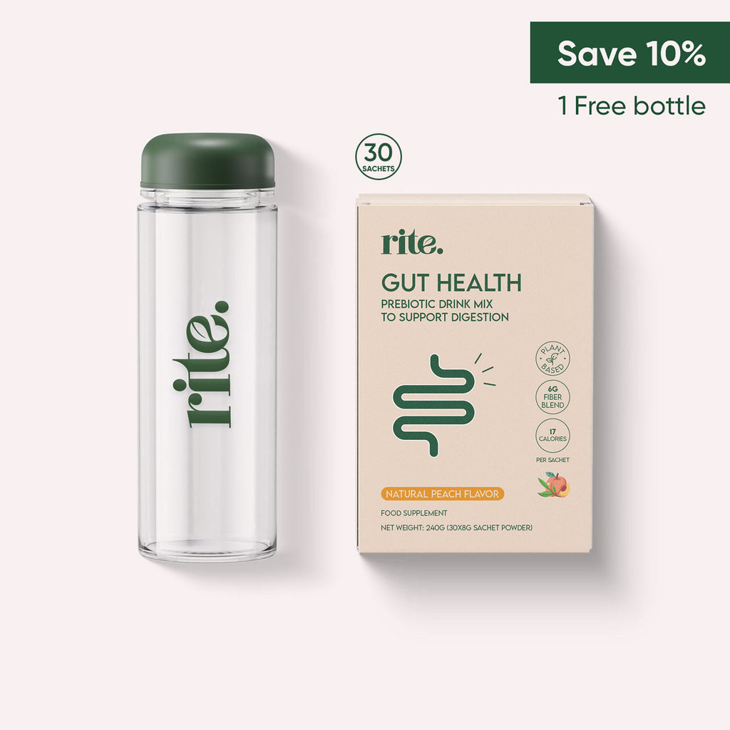  GUT HEALTH prebiotic drink mix box with 30 sachets and free bottle, natural peach flavor supplement for DIGESTIVE SUPPORT.