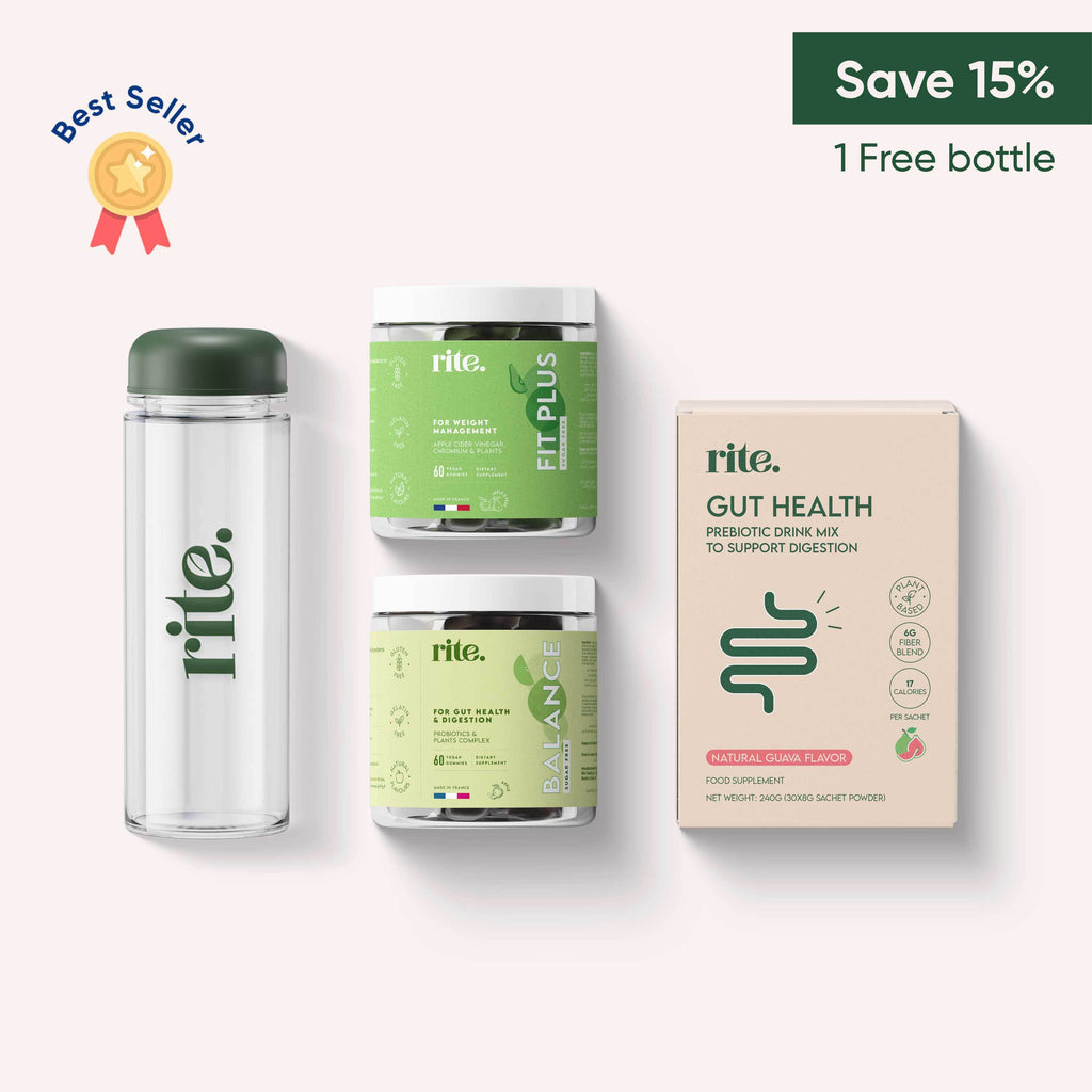GUT HEALTH STARTER SET with Balance and Fit Plus Gummies, prebiotic drink mix, and a free bottle – Save 15%, best seller.