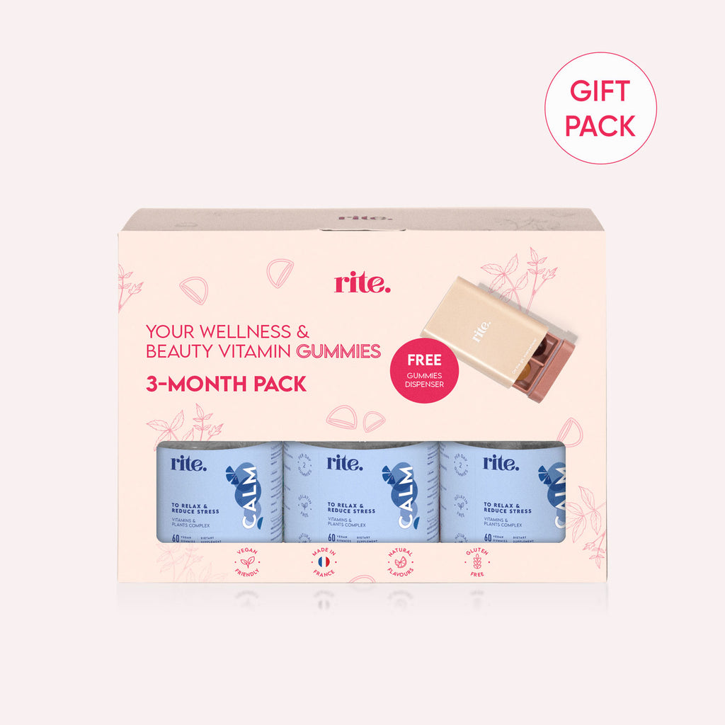 A gift pack of three jars of Rite. CALM gummies and a blue eye mask on a white background.