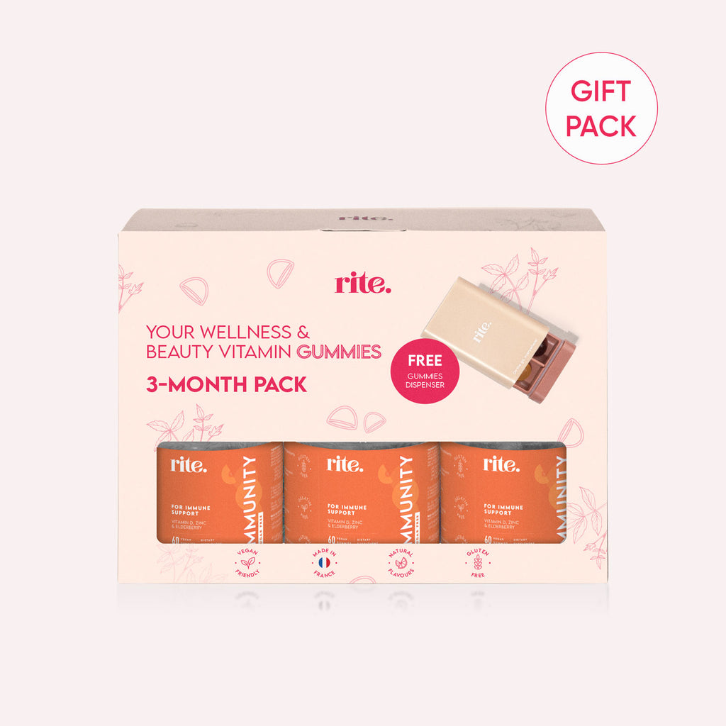 A box of rite. Your Wellness & Beauty Vitamin Gummies in a 3-month pack with a free gift pack on top. 