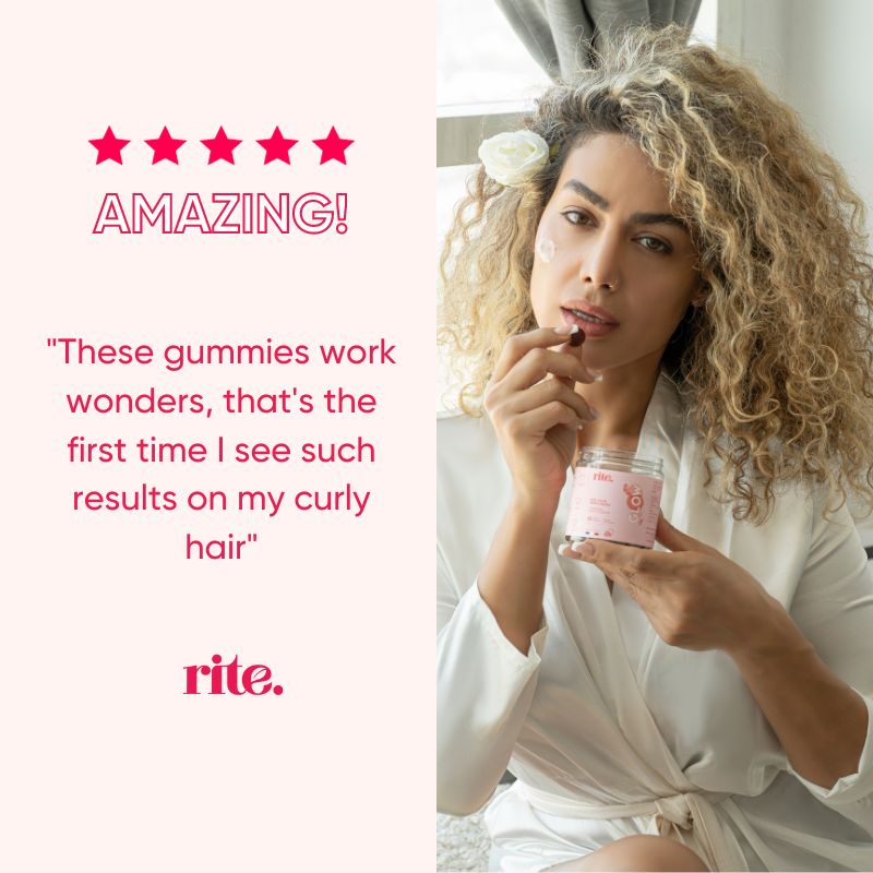 A pink text advertisement for Rite HAIR gummies. The text says "Amazing!" and also below the text is the logo "rite."