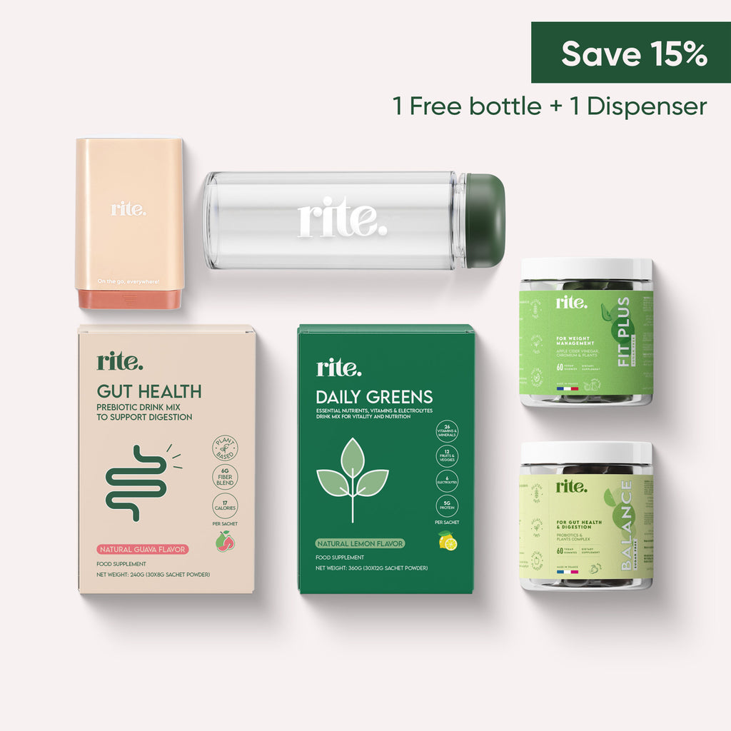 Rite Daily Greens bundle with Gut Health, Fit Plus, and a free bottle and dispenser. Save 15%.