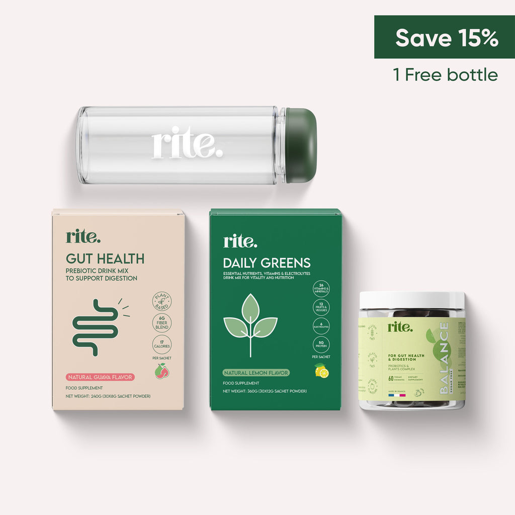 Rite Daily Greens bundle with Gut Health, Balance, and a free bottle. Save 15%.