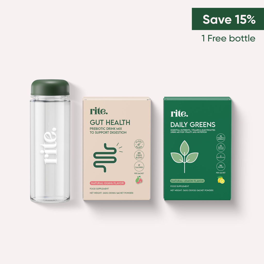 A green Rite water bottle, a Rite Gut Health prebiotic drink mix box, and a Rite Daily Greens powder box. The image advertises a 15% discount and a free bottle.