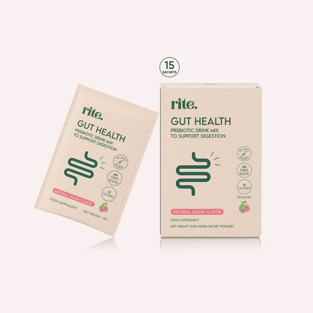 Prebiotic drink mix for NATURAL GUT HEALTH with guava flavor, plant-based fiber blend, and 15 sachets for digestive support