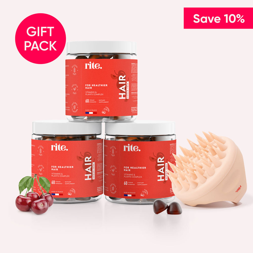 HAIR GUMMIES gift pack including 3 jars and a scalp massager to support stronger, healthier hair growth