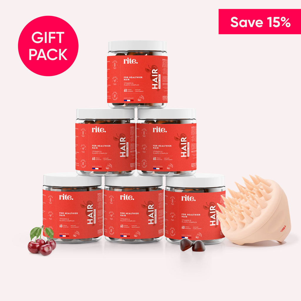 HAIR GUMMIES gift pack including 6 jars and a scalp massager to support stronger, healthier hair growth