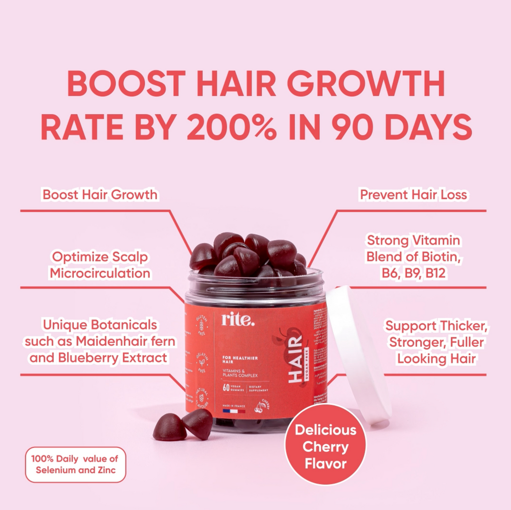 A jar of Rite Hair Gummy Vitamins for hair growth in cherry flavor. Text on the jar says  "BOOST HAIR GROWTH BY 200% IN 90 DAYS" and benefits lists 