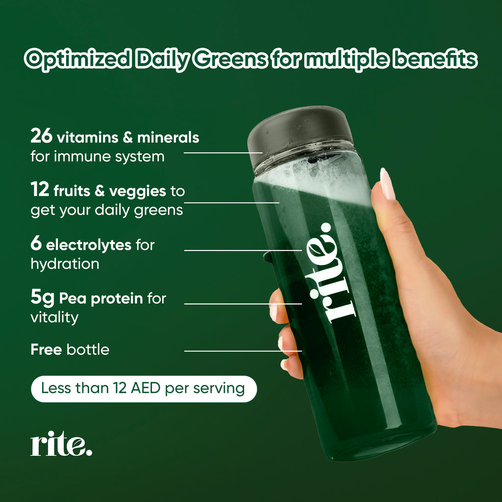 A green drink in a clear bottle with the label "Rite." The text highlights the product's benefits, including vitamins, minerals, fruits, vegetables, electrolytes, protein, and a free bottle.