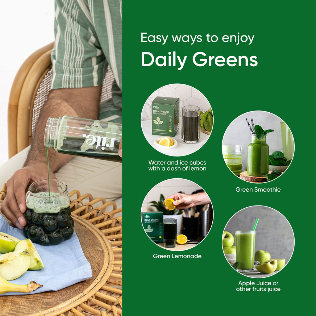 Easy ways to enjoy Daily Greens: Water with lemon, Green Smoothie, Green Lemonade, Apple Juice or other fruit juice.