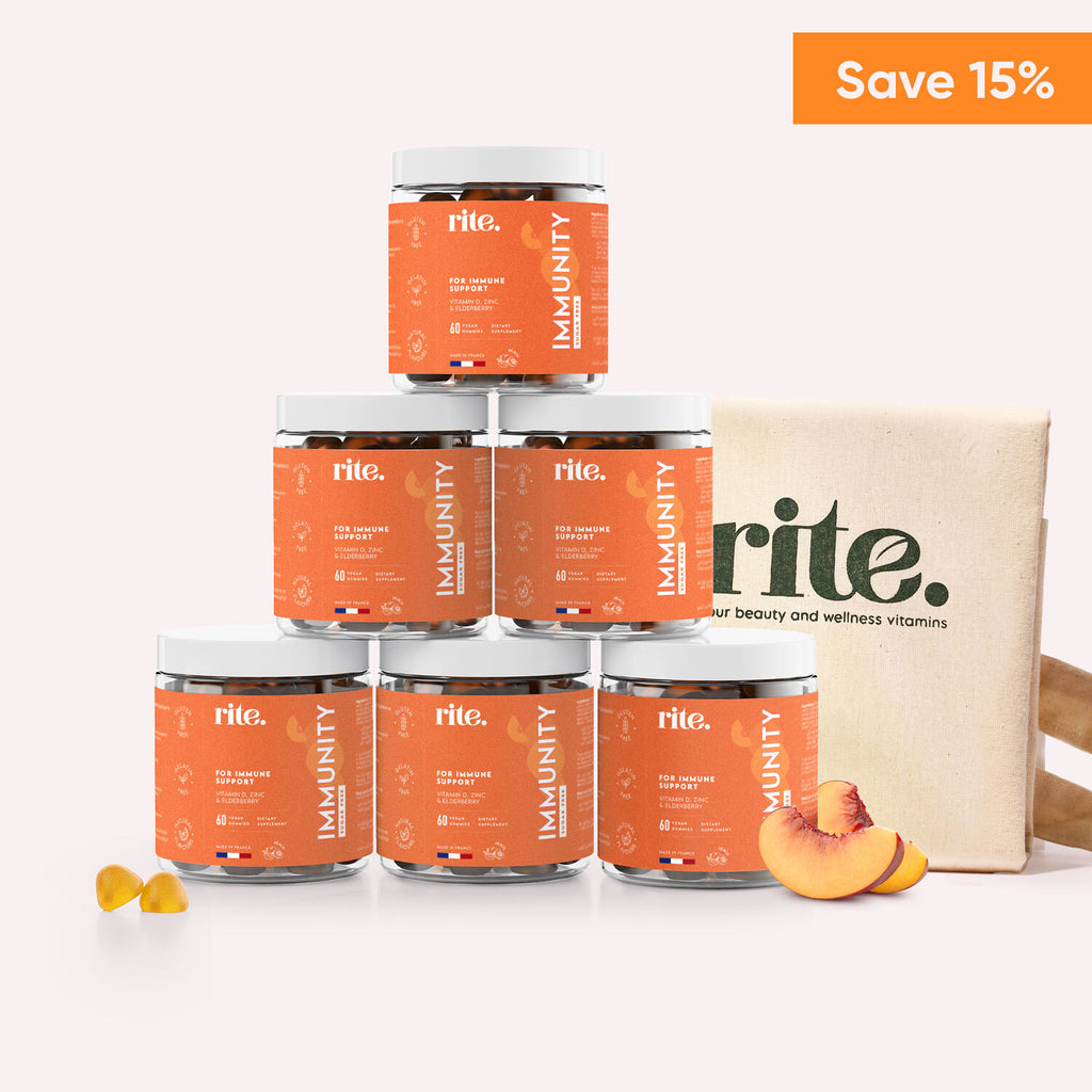 IMMUNITY GUMMIES 6-pack bundle with tote bag – vitamin gummies for immune support made with peach flavor, labeled “Save 15%”
