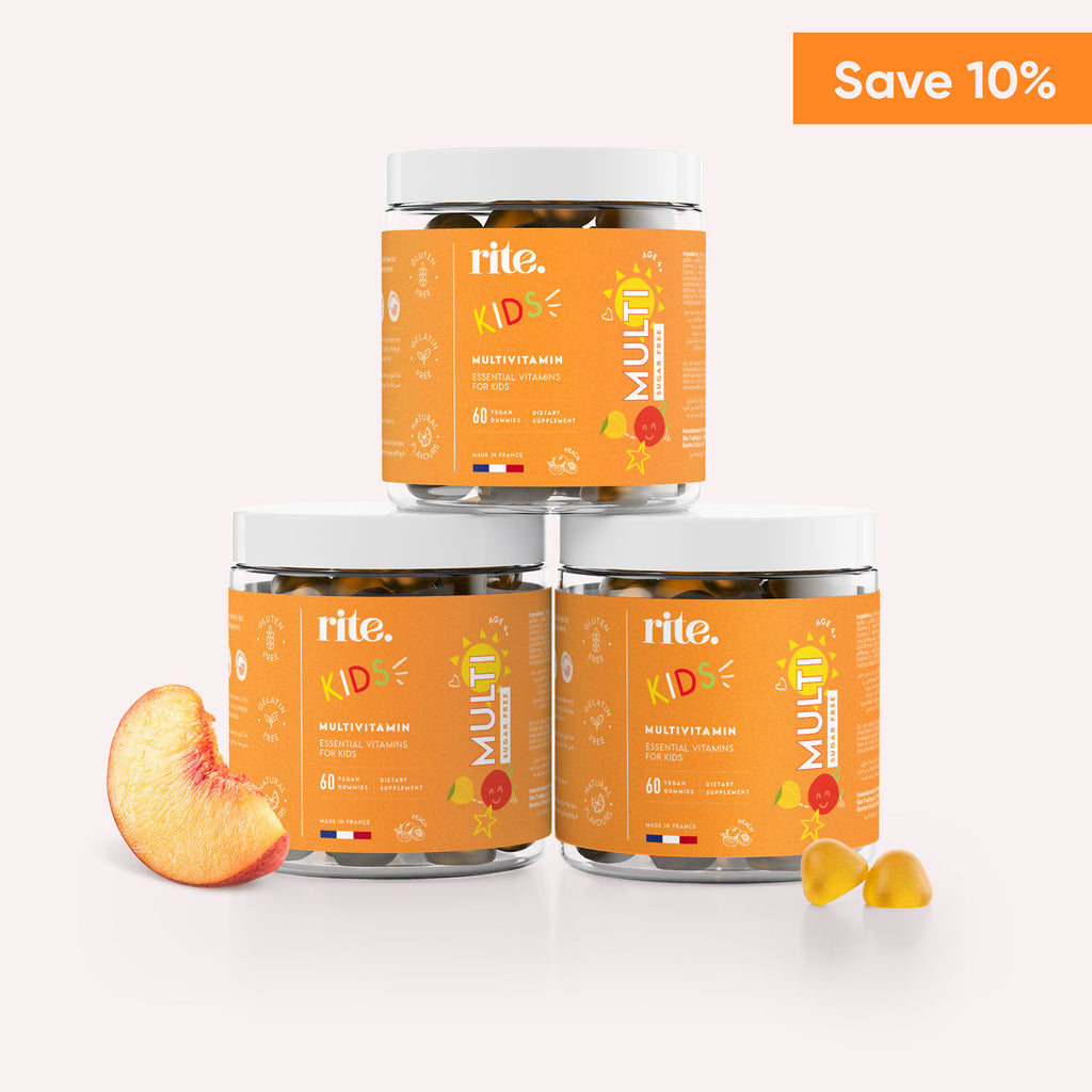 KIDS MULTIVITAMIN GUMMIES jars with fruity flavor, promoting daily health support for kids, shown in 3-pack offer
