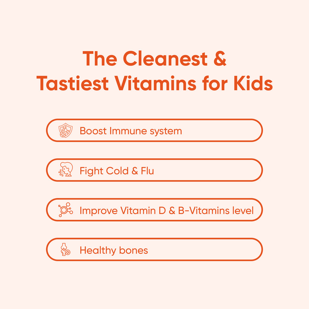 Promotional graphic for children's vitamins highlighting benefits such as immune support and bone health.