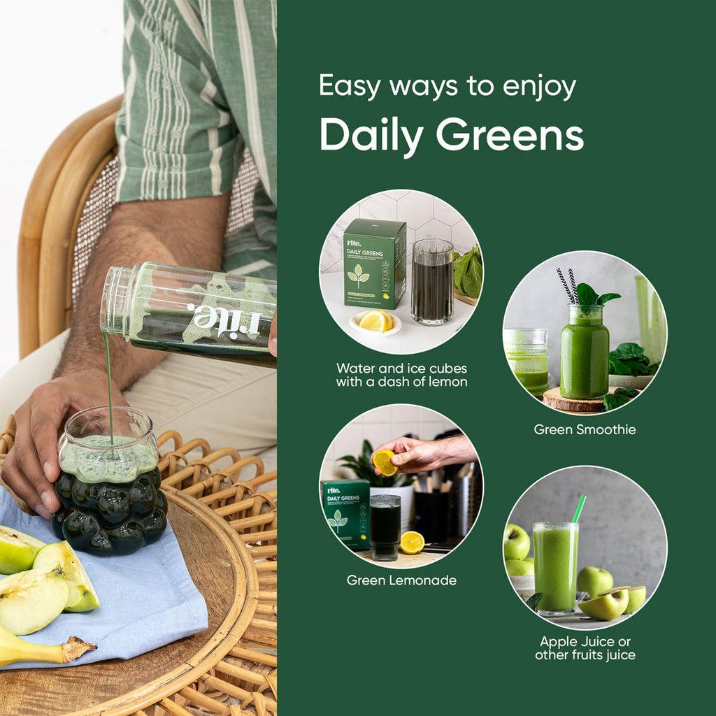 Easy ways to enjoy Daily Greens: Water with lemon and ice cubes, Green Smoothie, Green Lemonade, Apple Juice or other fruit juices.